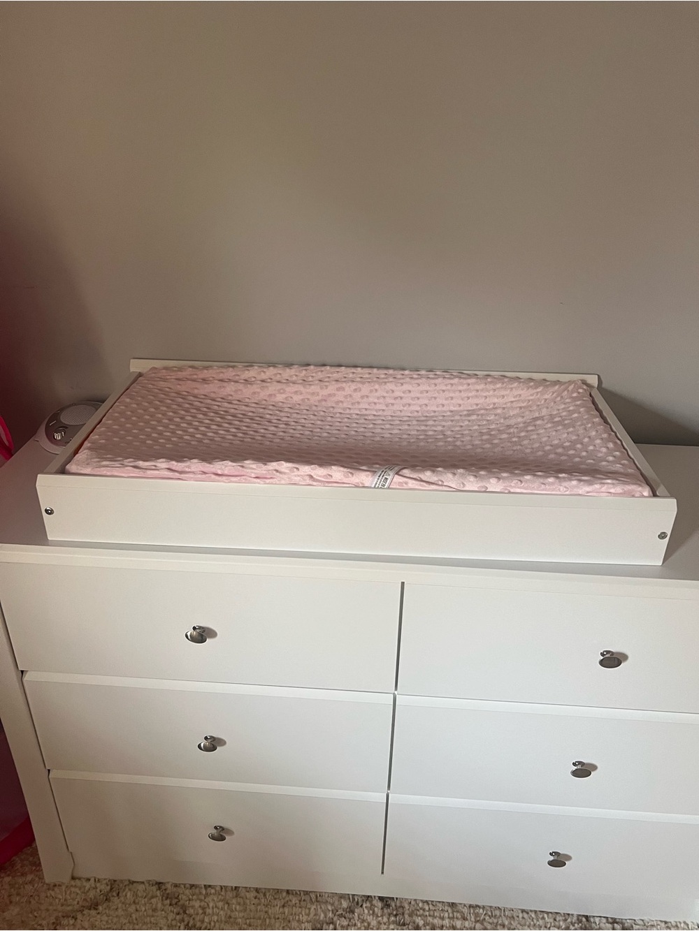 White Dresser Top Changing Tray with Pink Lined Pad